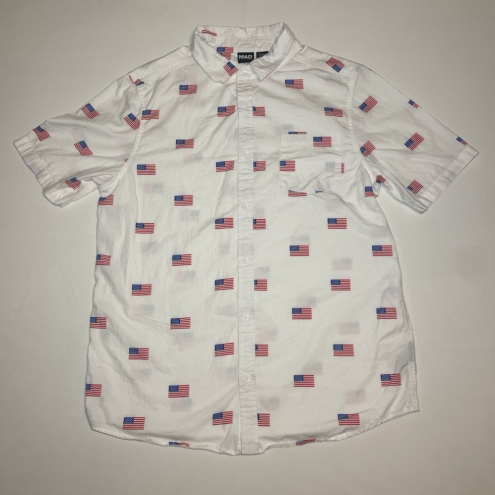 Mad Engine White American Flag Short Sleeve Button Down Shirt Mens L